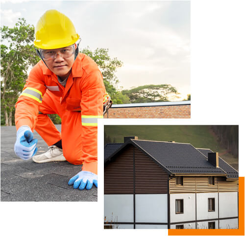 A man in orange overalls and hard hat on top of roof.