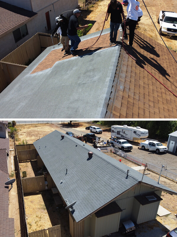 A before and after photo of the roof being replaced.