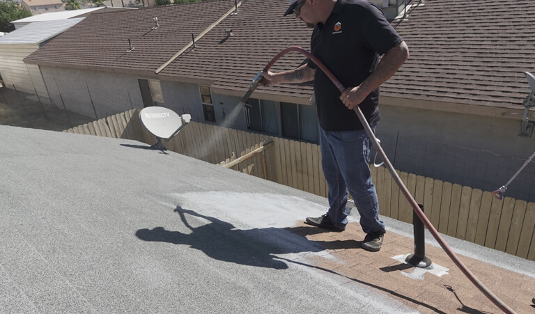 A man is cleaning the roof of his home.